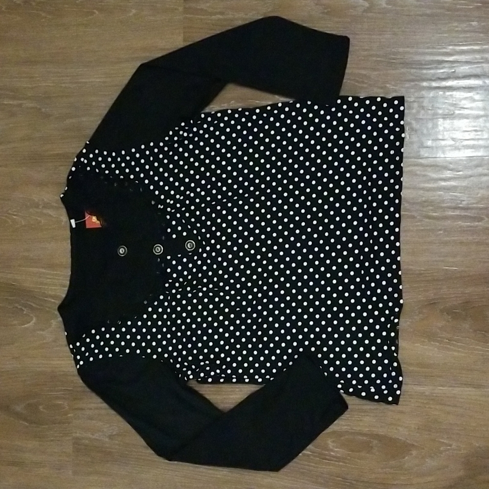 (L) NWT Polka Dot Embellished Lace Detail Soft Classic Long Sleeve Top